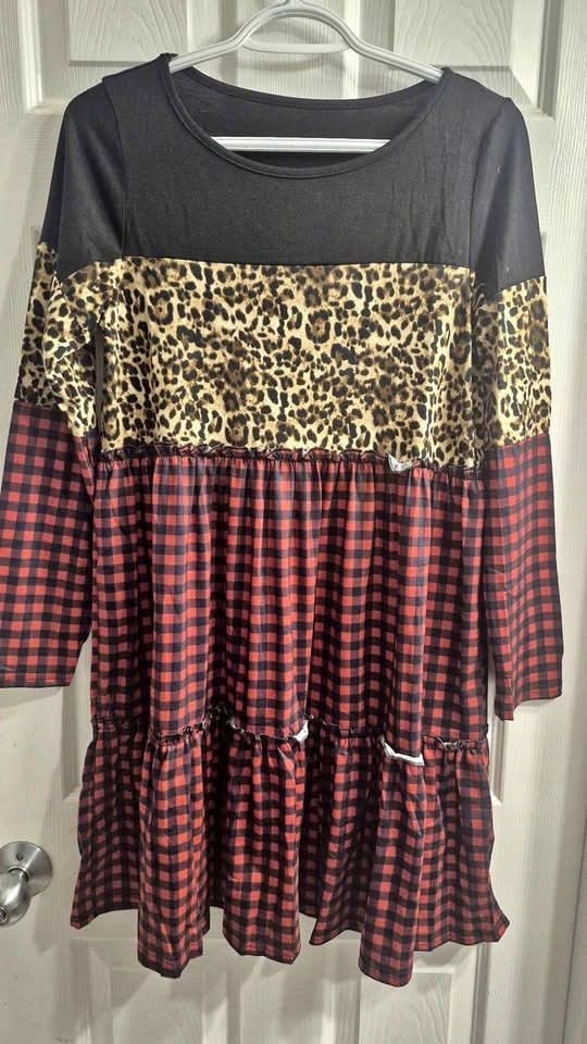 Leopard and Red Buffalo Plaid Color-Block Dress Size S