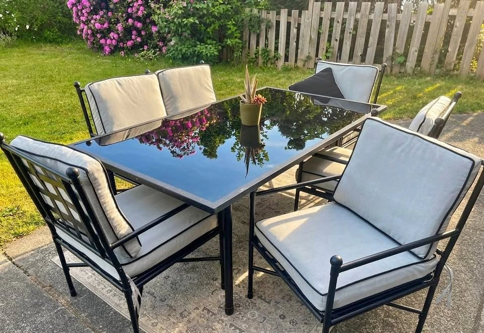 7-Piece Patio Dining Set – Glass Table + 6 Cushioned Chairs