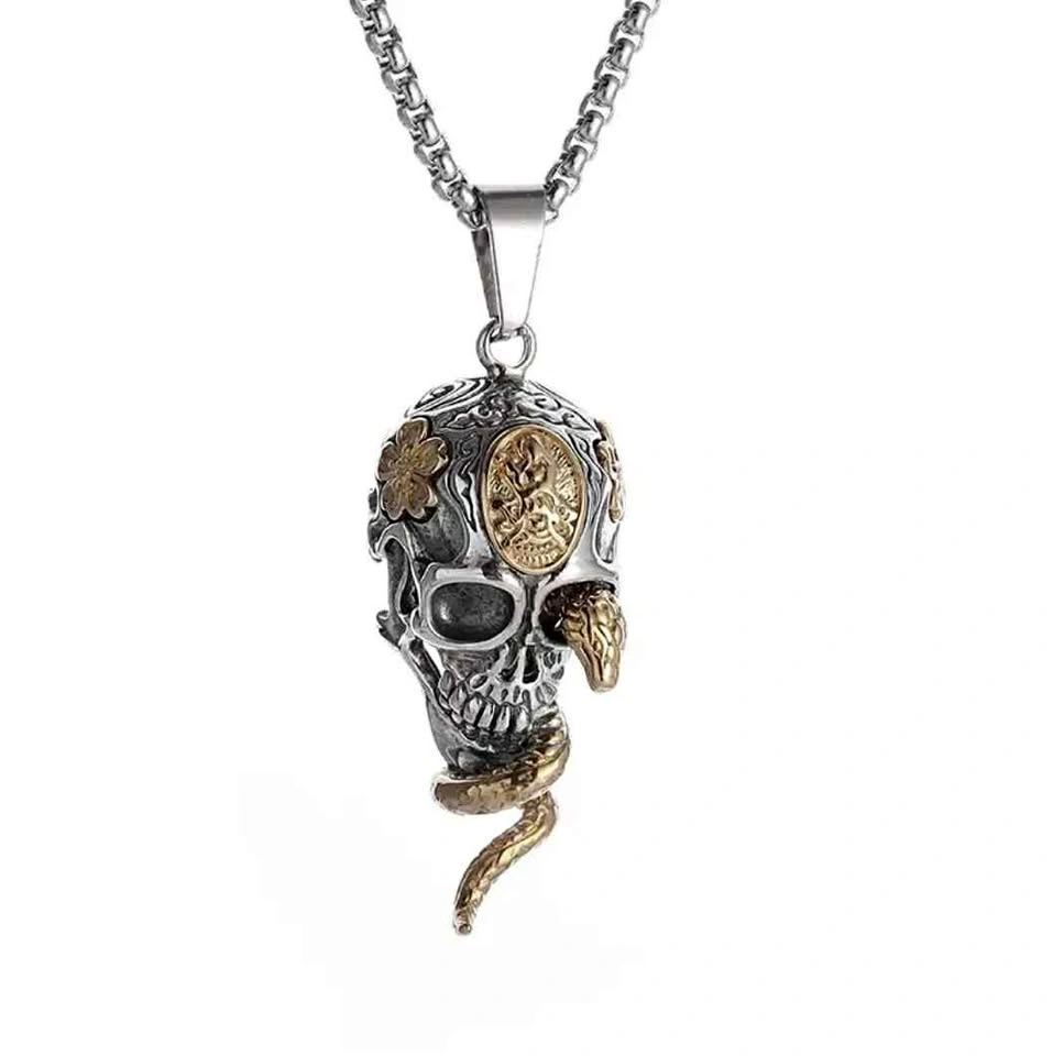 Cool skull & snake necklace with gold accents