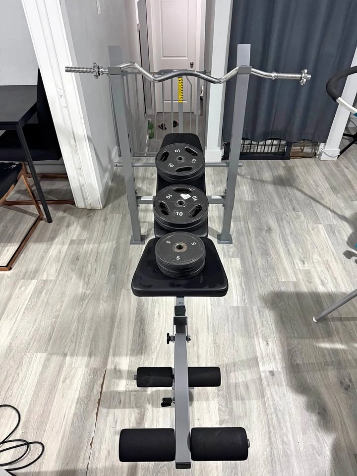 Soozier Weight Bench with EZ Curl Bar and Plates