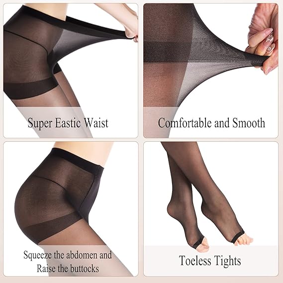 NEW WAKUNA 2 Pairs Large Black Open Toe Tights Women 10D Pantyho - photo 2