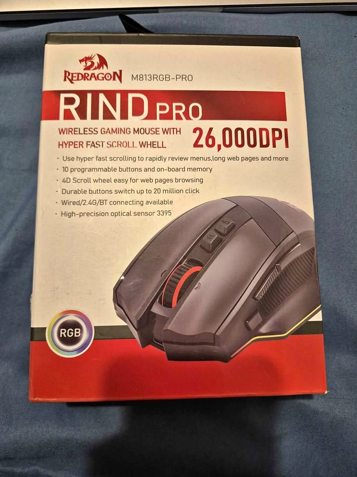 Redragon RIND Pro Wireless Gaming Mouse (26K DPI, RGB, Tri-Mode)