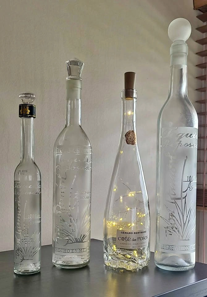 4 Decorative Bottles - Tequila, Wine, One with Lights