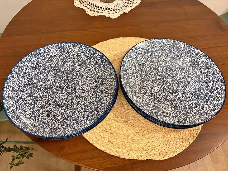 Set of 6 Blue and White Crackle Pattern Dinner Plates
