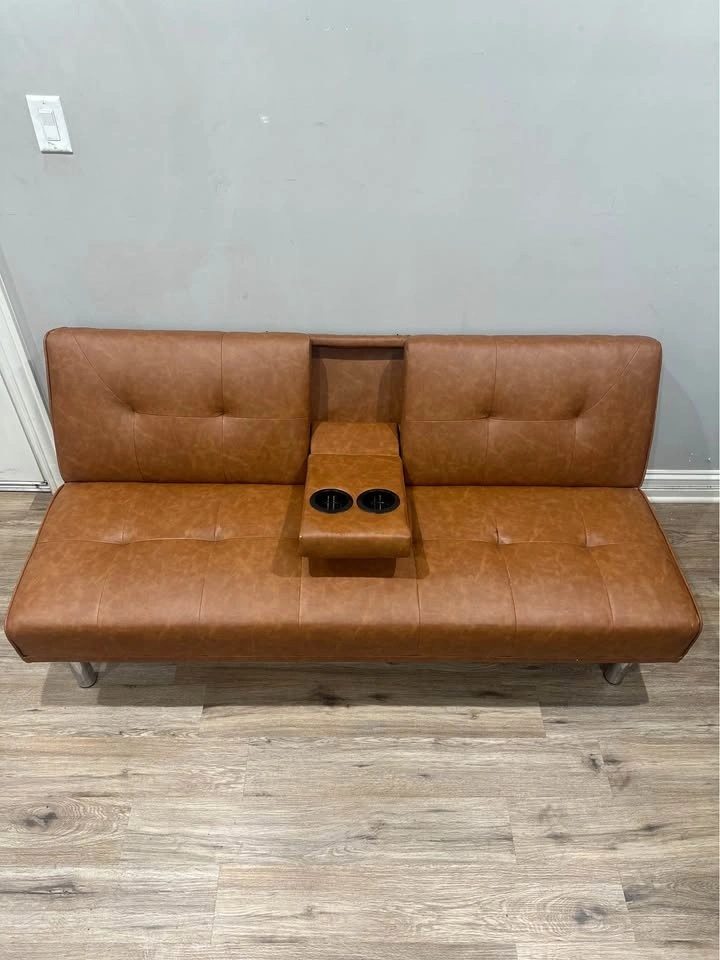 Modern Tufted Faux Leather Convertible Futon Sofa Bed – Cognac B - photo 2