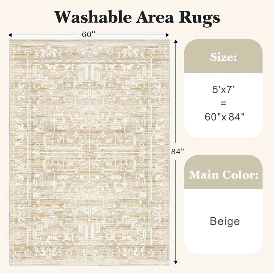 Large Beige Patterned Area Rug 5x7 WASHABLE 🆕 - photo 5