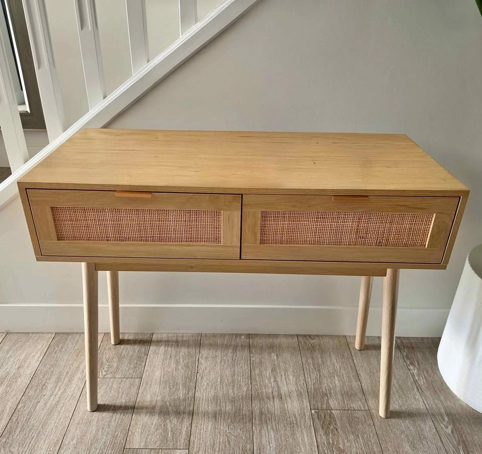 Oak Finish Console Table with 2 Storage Drawers