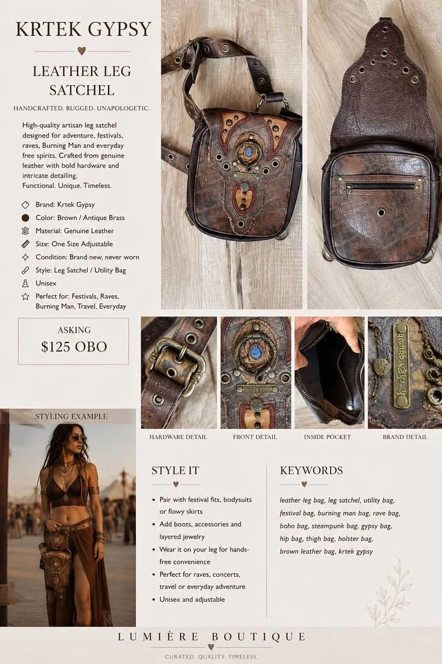 Handcrafted genuine leather leg satchel by Krtek Gypsy.