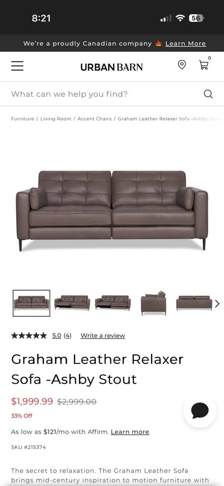 Urban Barn Brown Leather Couch - photo 2