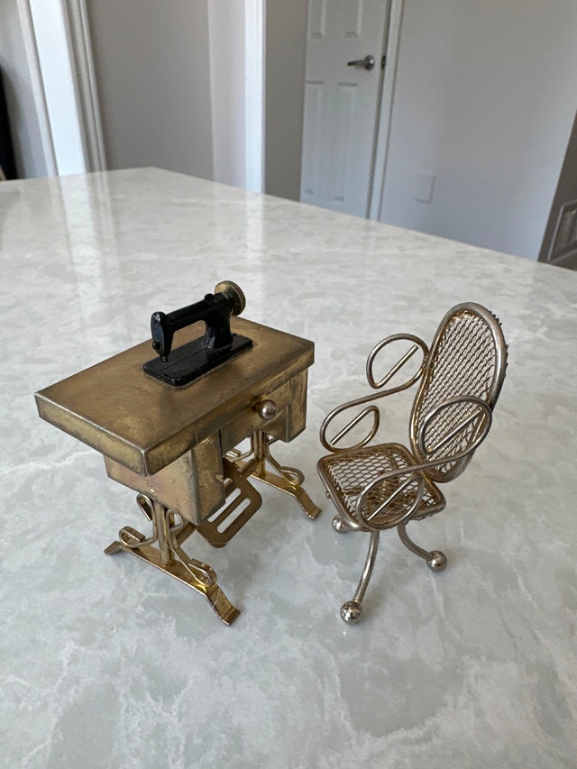 Vintage Miniature Brass Dollhouse Sewing Table and Chair Set