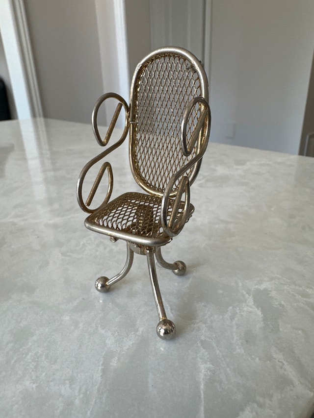 Vintage Miniature Brass Dollhouse Sewing Table and Chair Set - photo 3