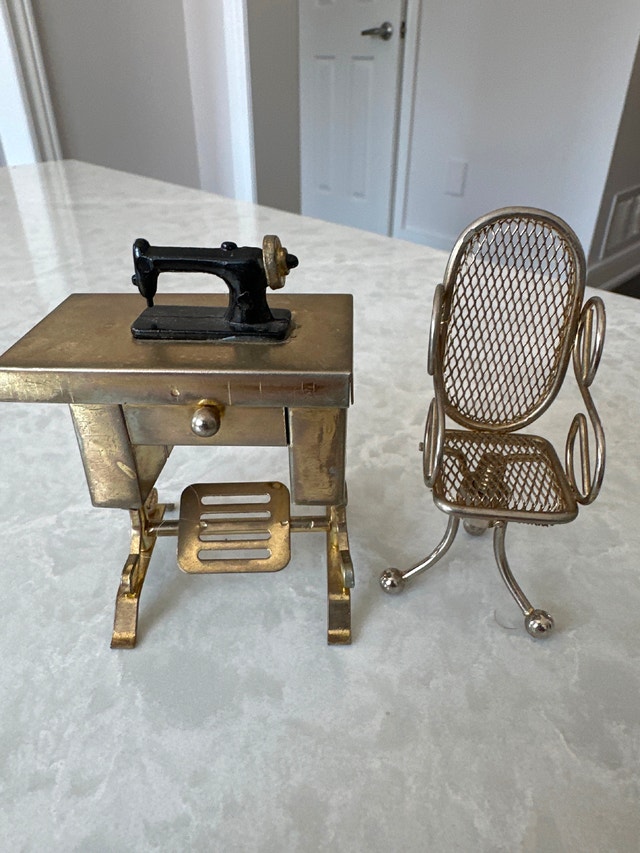 Vintage Miniature Brass Dollhouse Sewing Table and Chair Set - photo 4