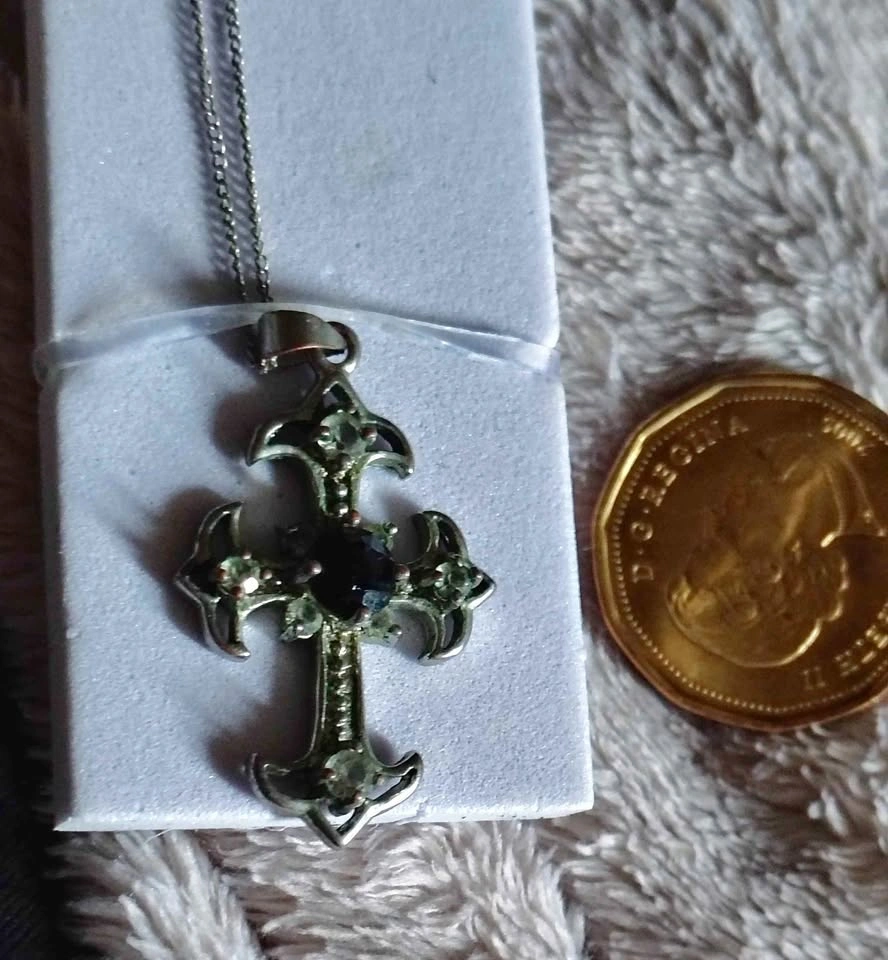 Vintage Gothic Cross Necklace Sterling Silver Chain Black Stone