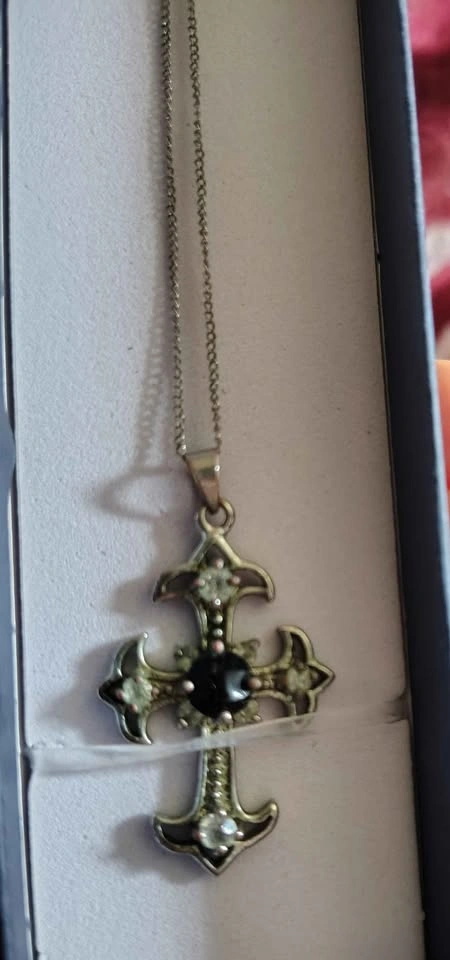 Vintage Gothic Cross Necklace Sterling Silver Chain Black Stone - photo 4