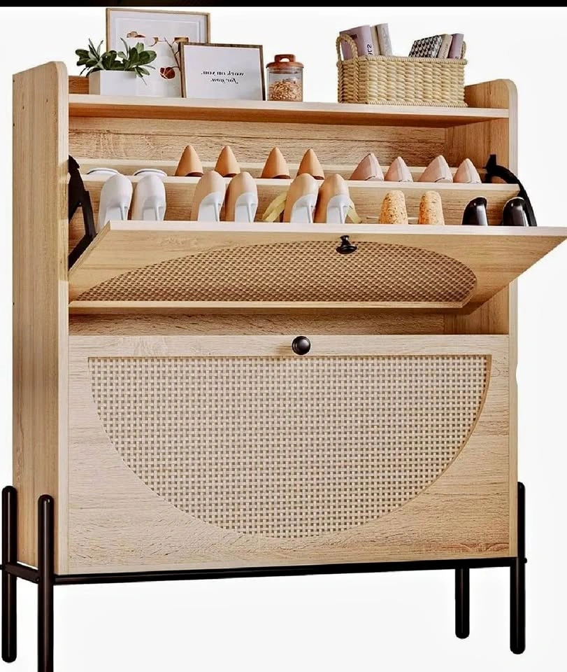 Modern Wood Rattan Shoe Cabinet Storage