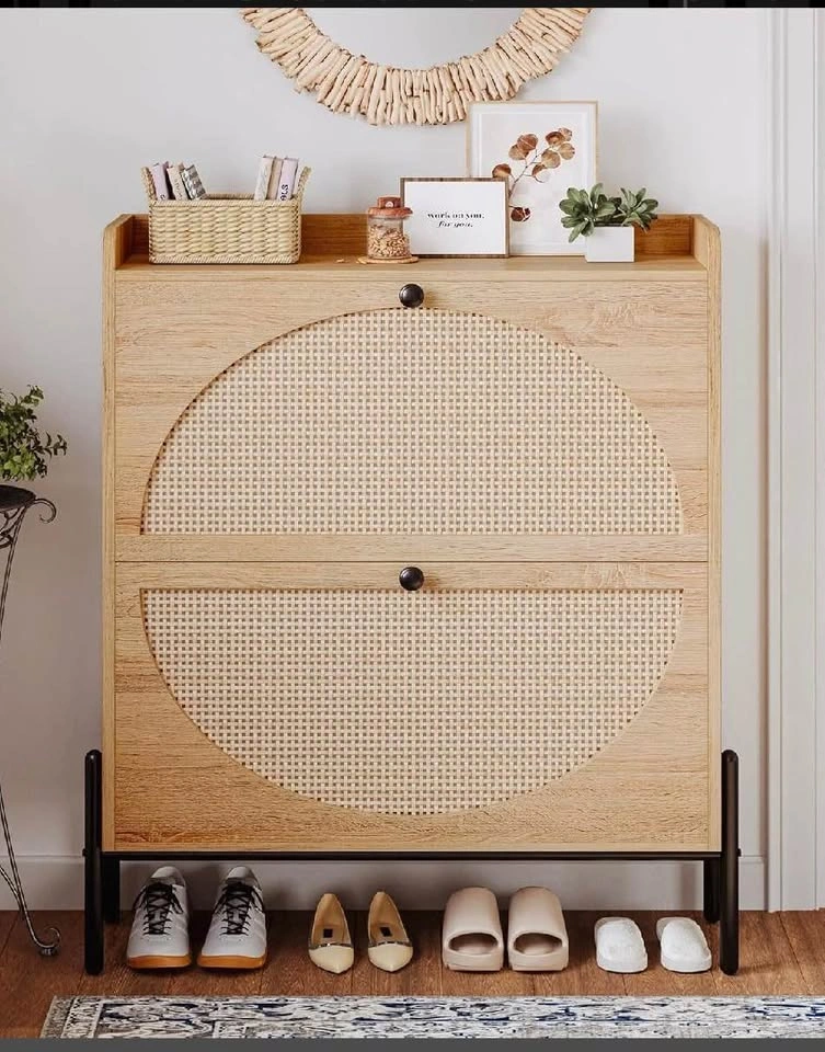 Modern Wood Rattan Shoe Cabinet Storage - photo 2