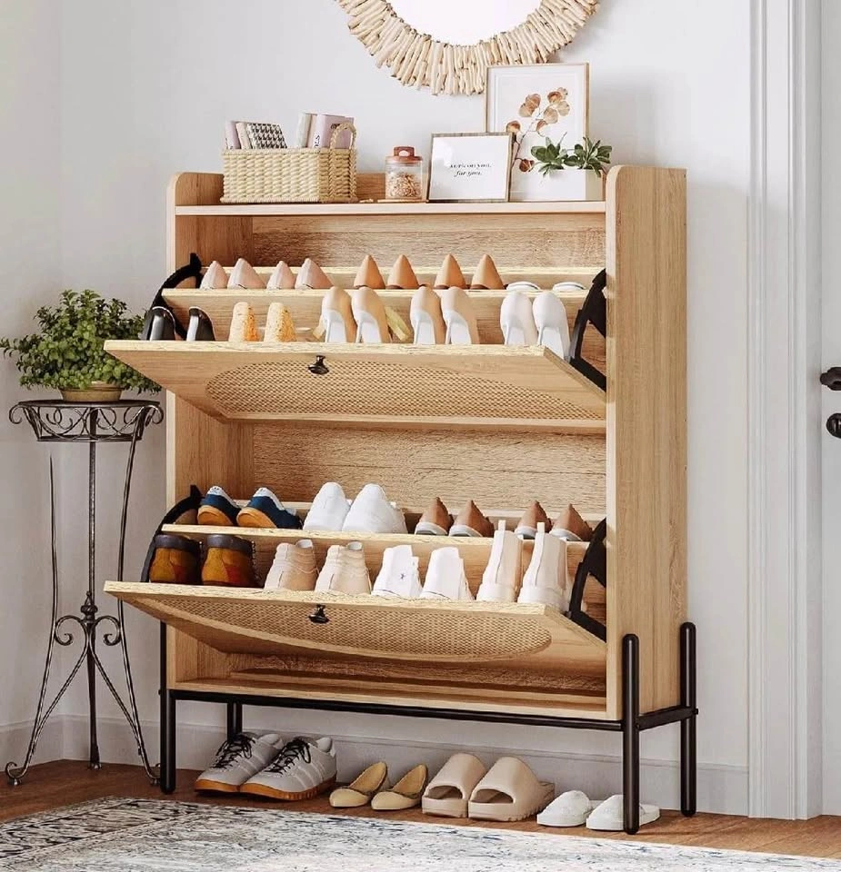 Modern Wood Rattan Shoe Cabinet Storage - photo 3