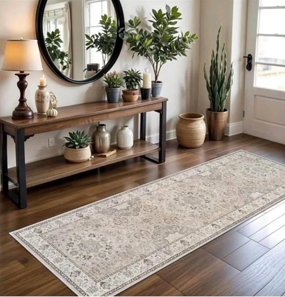 Neutral Distressed Traditional Runner Rug 2x6