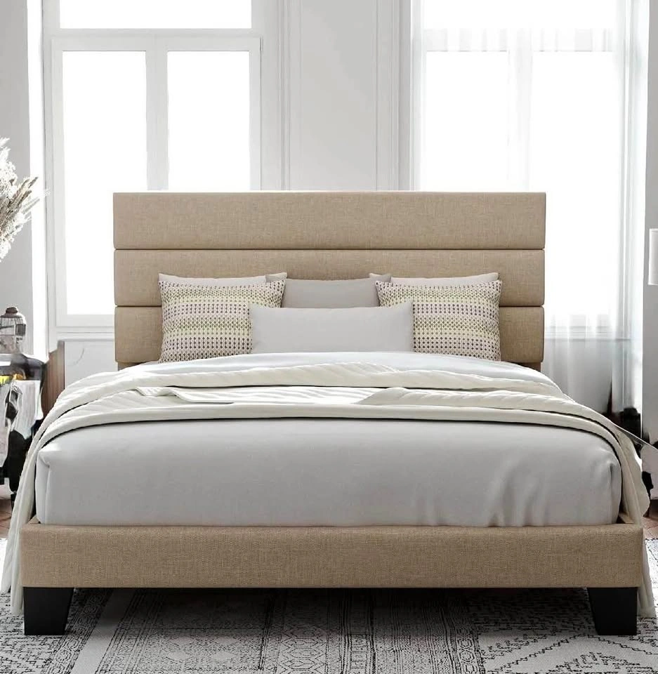 Queen Size Beige Upholstered Platform Bed Frame
