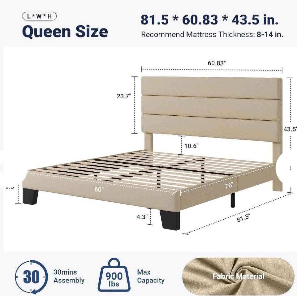 Queen Size Beige Upholstered Platform Bed Frame - photo 2
