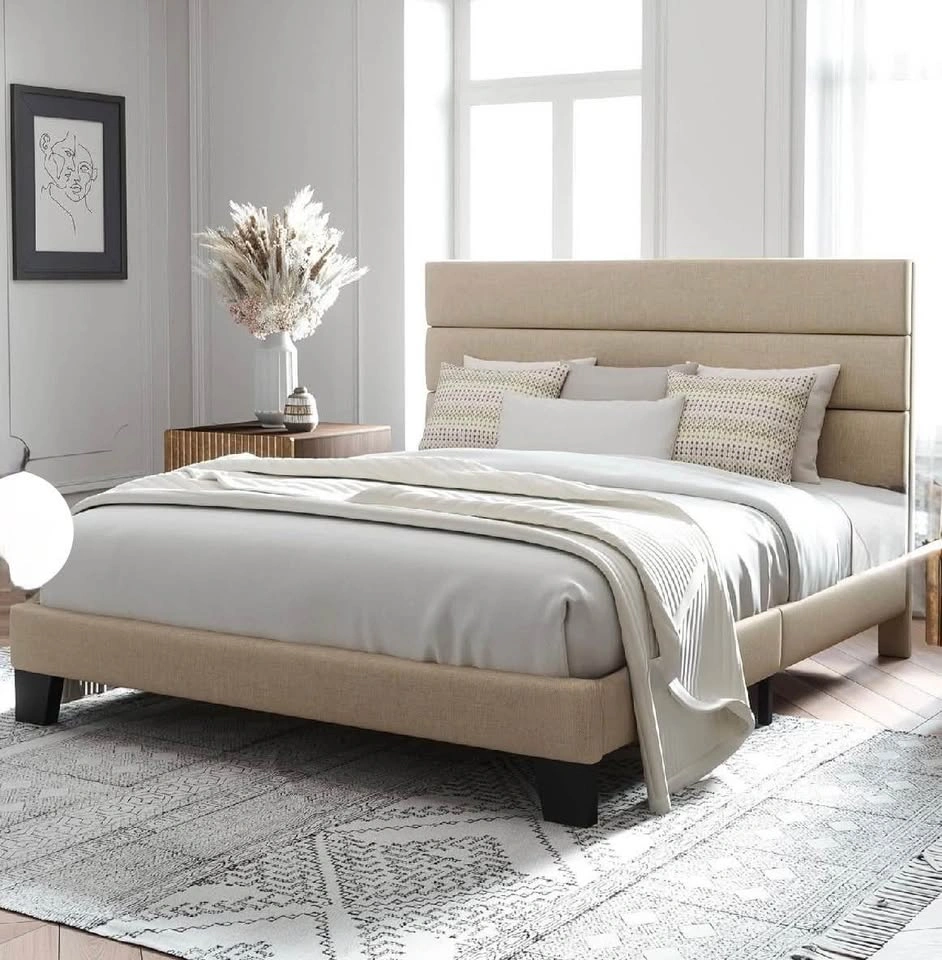 Queen Size Beige Upholstered Platform Bed Frame - photo 3