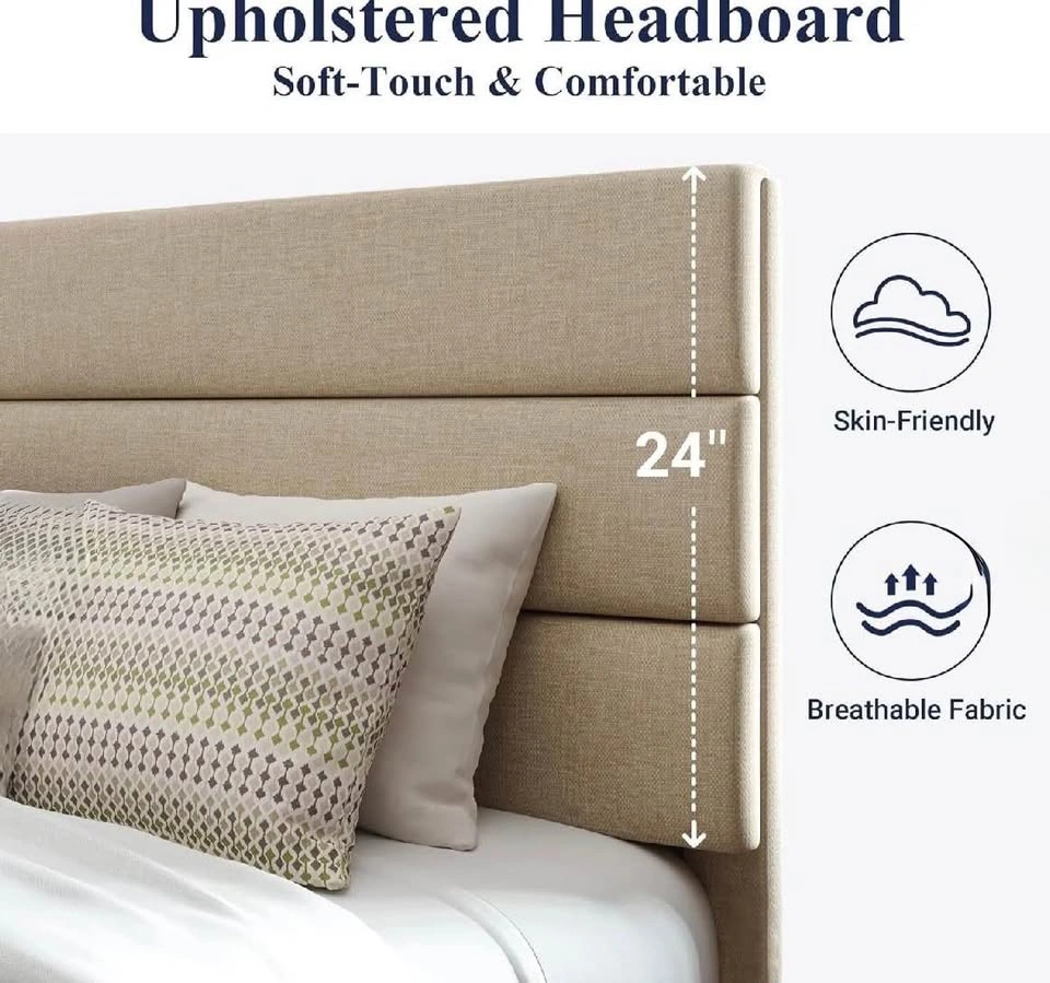 Queen Size Beige Upholstered Platform Bed Frame - photo 4