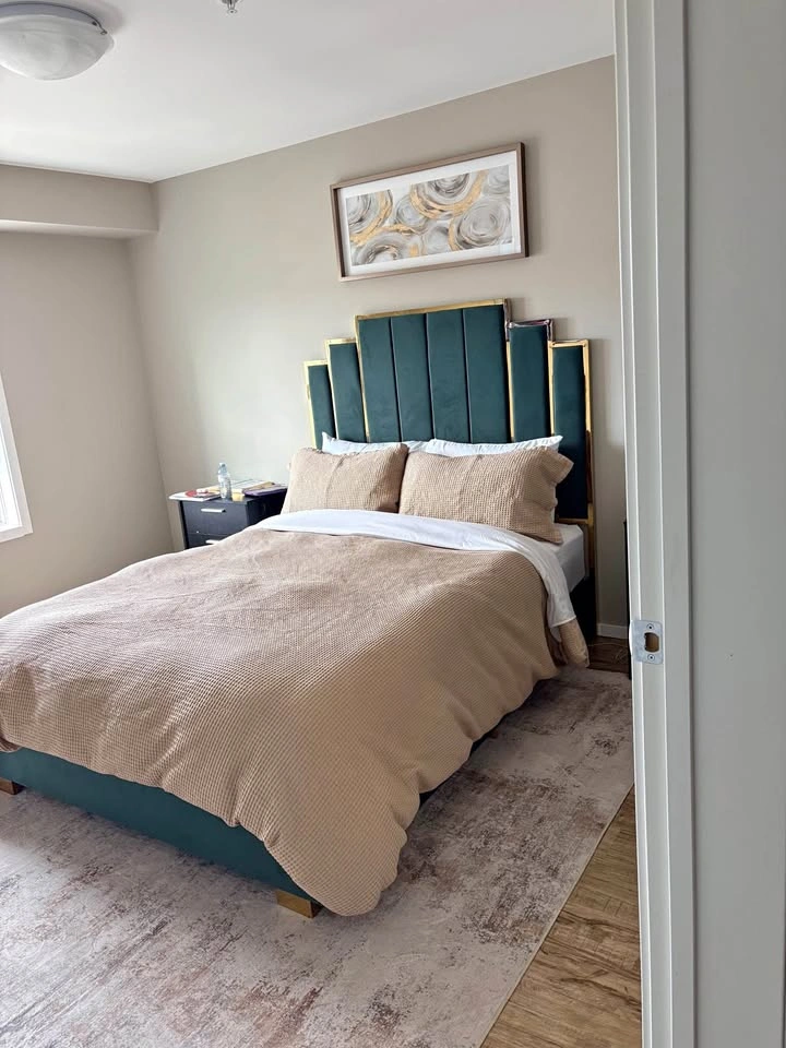 Queen Green Velvet Bed Frame Gold Headboard