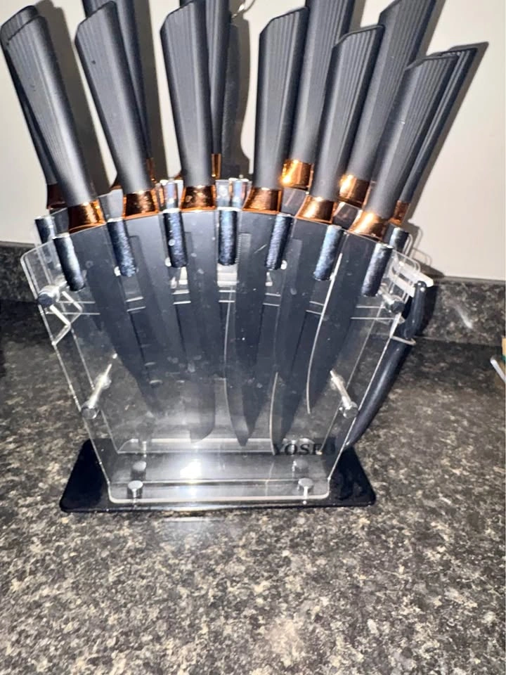 YOSHI Knife Set Black Handles Copper Accents Clear Block