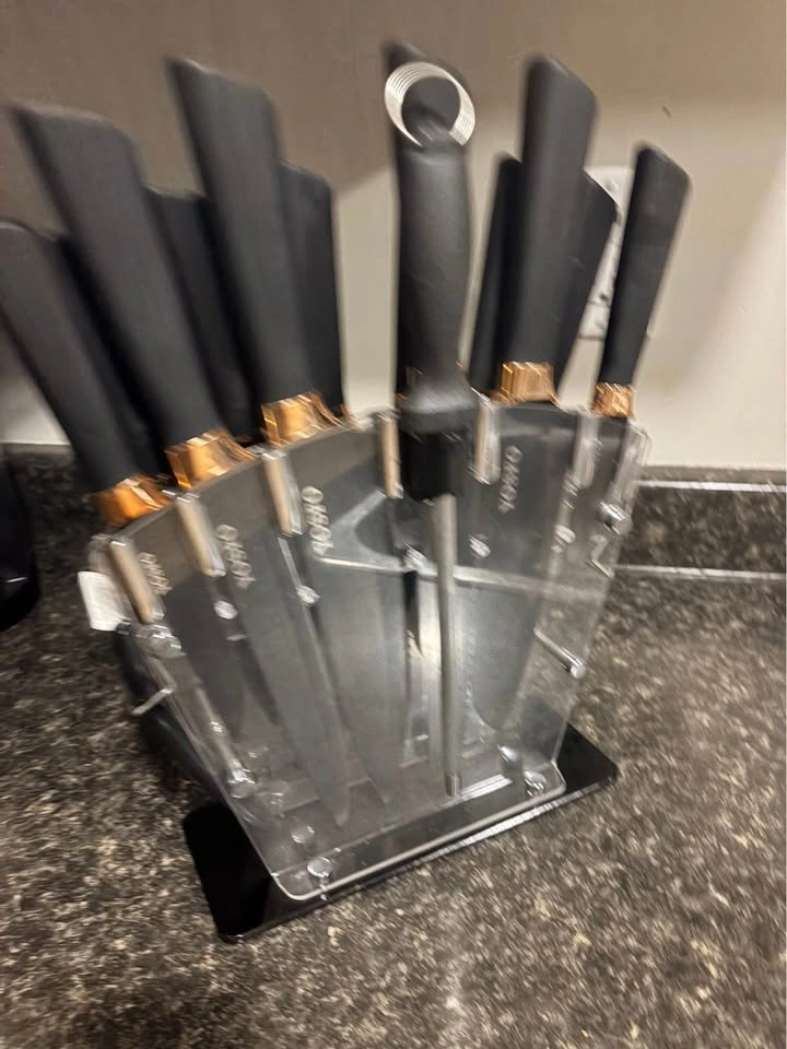 YOSHI Knife Set Black Handles Copper Accents Clear Block - photo 2