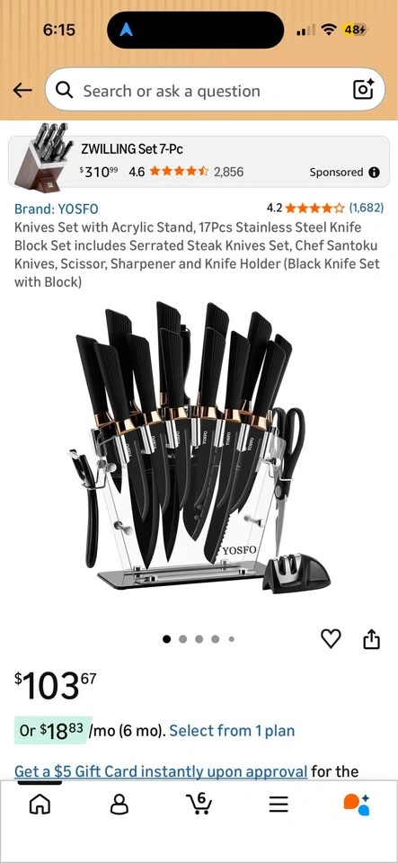 YOSHI Knife Set Black Handles Copper Accents Clear Block - photo 5