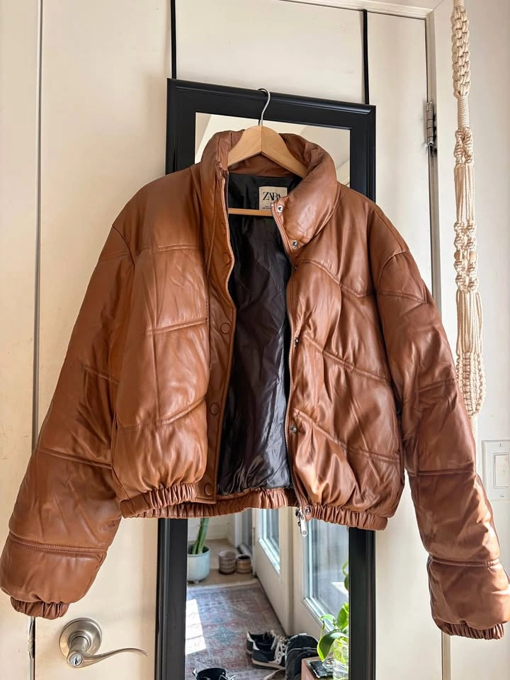 Zara Brown Faux Leather Puffer Jacket