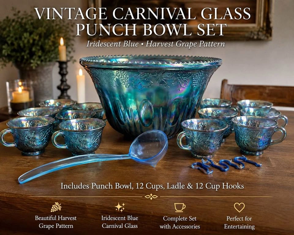 Vintage Carnival Glass Punch Bowl Set