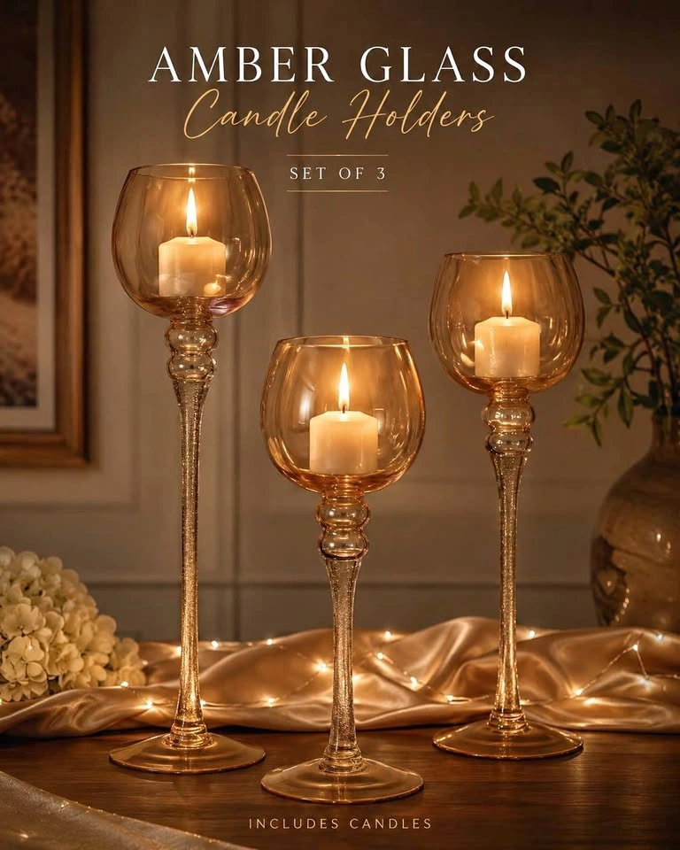 Elegant Amber Glass Candle Holders - Set of 3 (20", 16", 12")