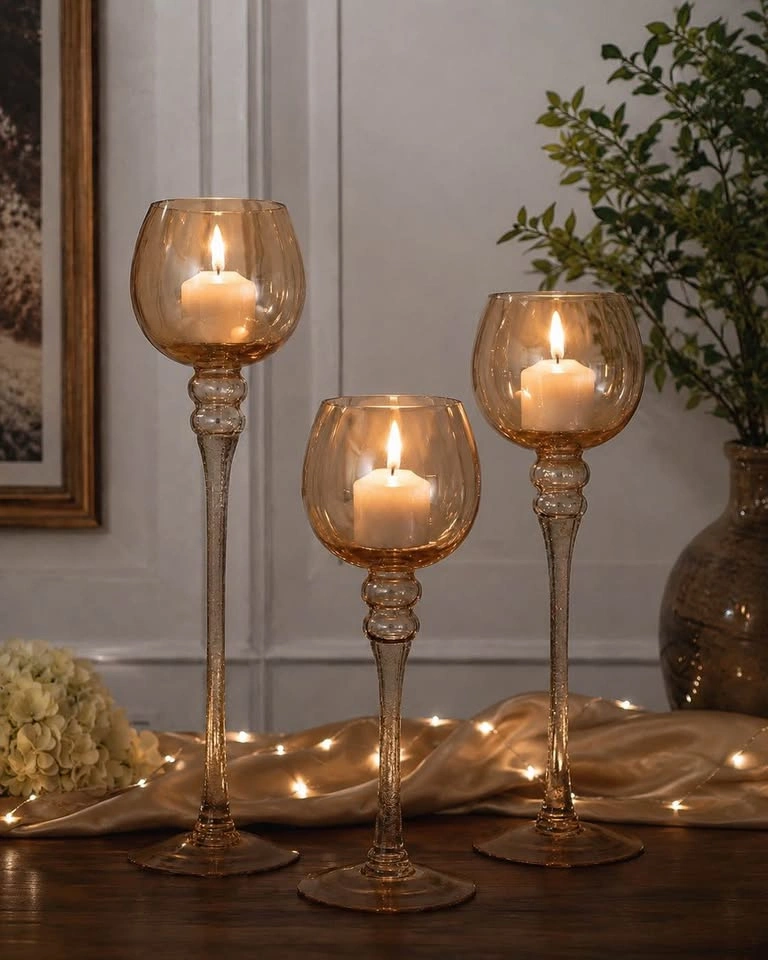 Elegant Amber Glass Candle Holders - Set of 3 (20", 16", 12") - photo 2