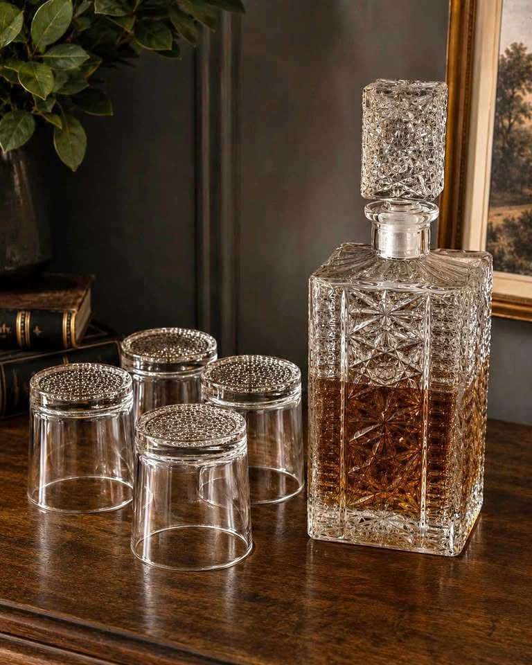 Crystal Whiskey Decanter Set with 4 Glasses