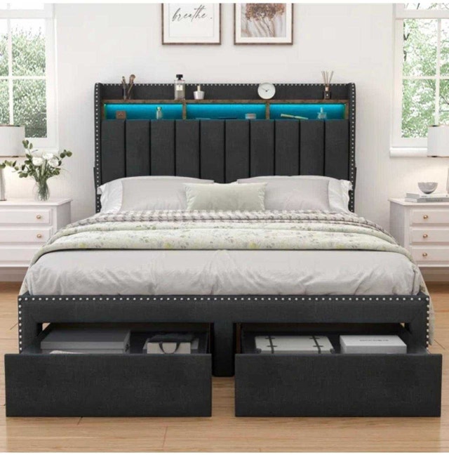 Queen Upholstered Bed Frame with LED Lights & Storage