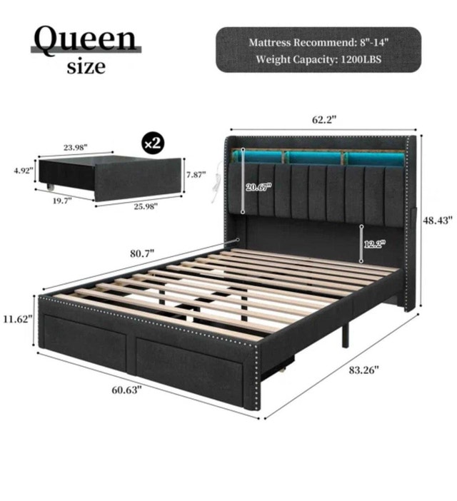 Queen Upholstered Bed Frame with LED Lights & Storage - photo 2