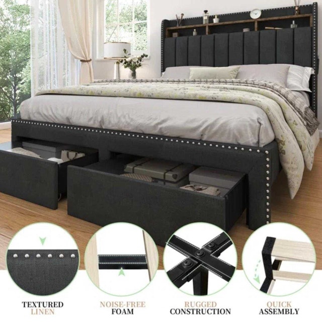 Queen Upholstered Bed Frame with LED Lights & Storage - photo 4