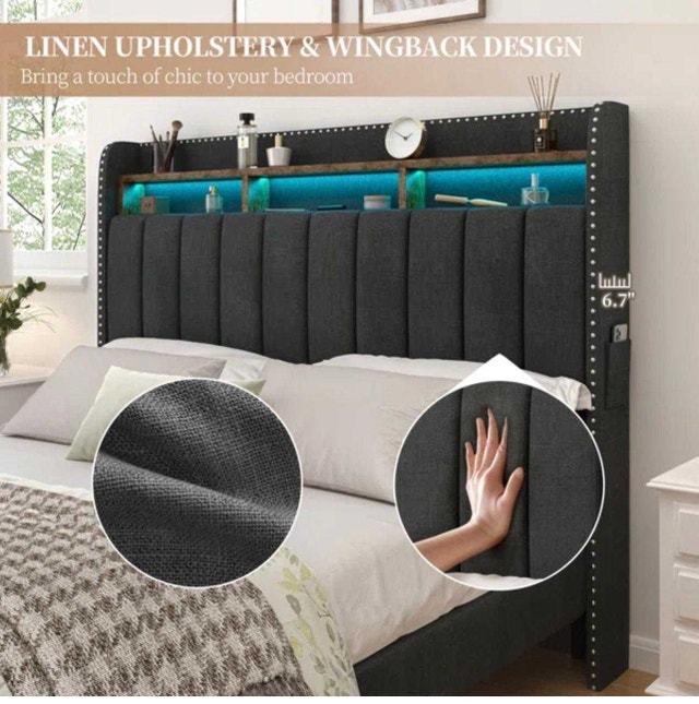 Queen Upholstered Bed Frame with LED Lights & Storage - photo 5