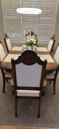 Vintage Expandable Solid Wood Dining Set – Pedestal Table + 6 Ch - photo 2