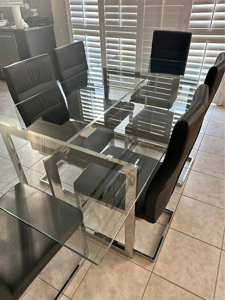 Modern Glass Dining Table Set w/ 6 Chairs