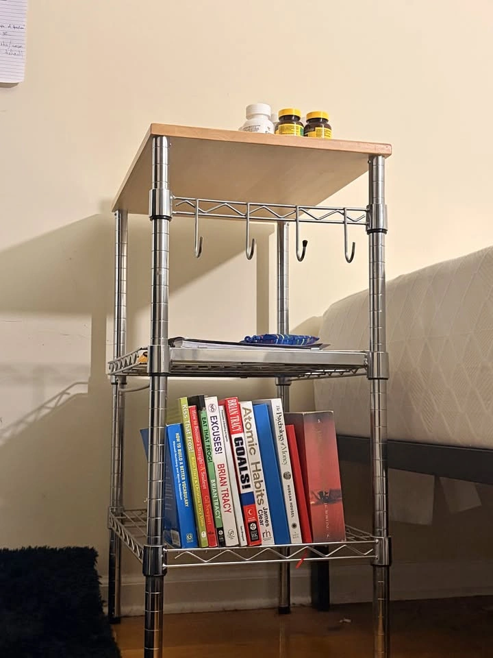 3 Tier Chrome Storage Shelf with Wood Top