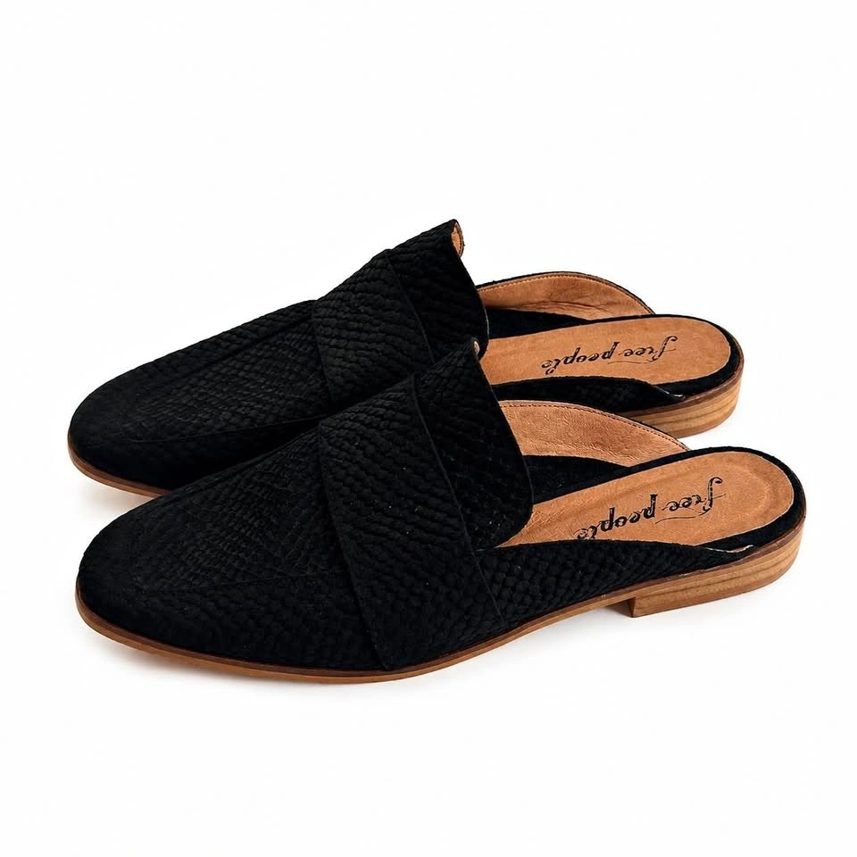 Free People Black Snake Embossed Suede Mules Loafers Size 38