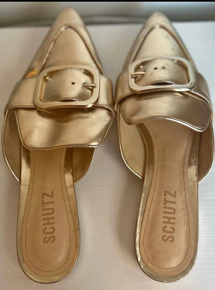 SCHUTZ women’s gold buckle mules size 7 - photo 3