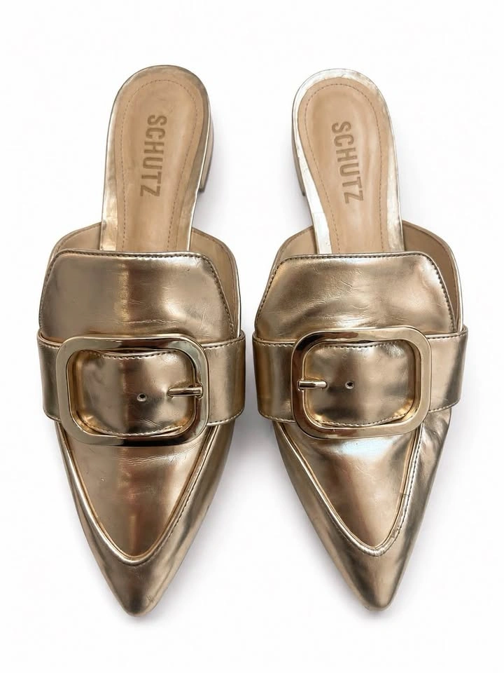 SCHUTZ women’s gold buckle mules size 7