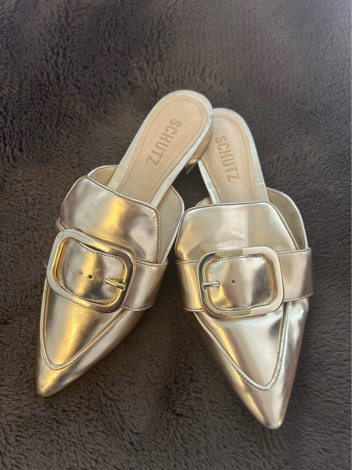 SCHUTZ women’s gold buckle mules size 7 - photo 4