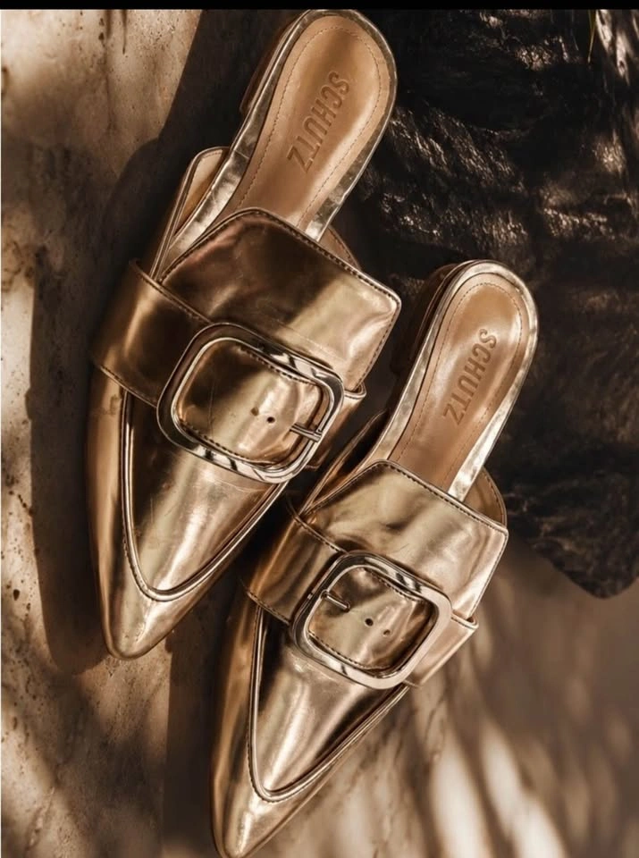SCHUTZ women’s gold buckle mules size 7 - photo 2
