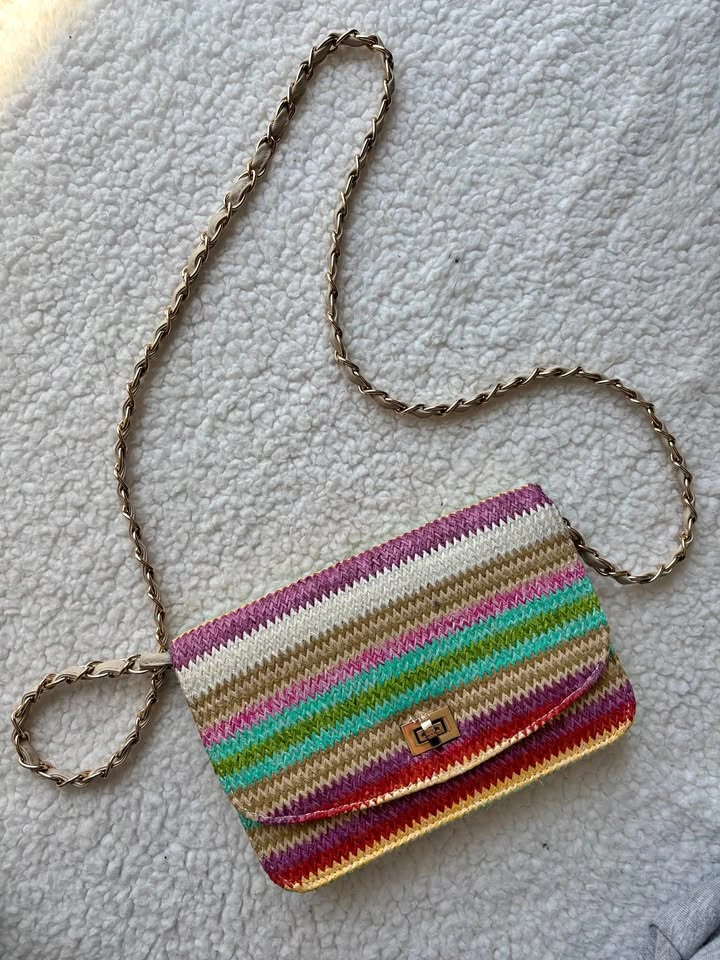 Tally Weijl Straw Woven Raffia Multicolor Stripe Chain Shoulder