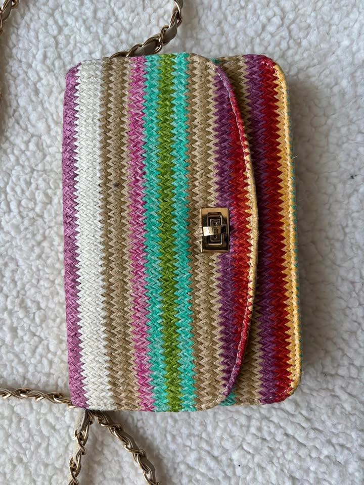 Tally Weijl Straw Woven Raffia Multicolor Stripe Chain Shoulder - photo 3