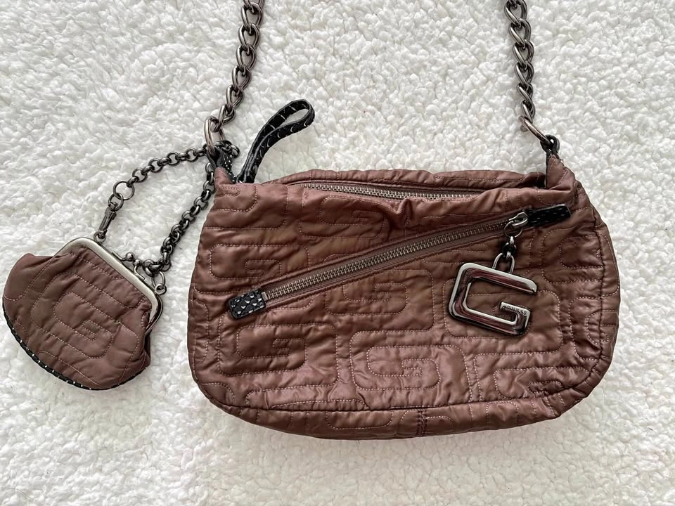 Guess Vintage Brown Quilted Shoulder Bag w/ G Logo & Coin Purse